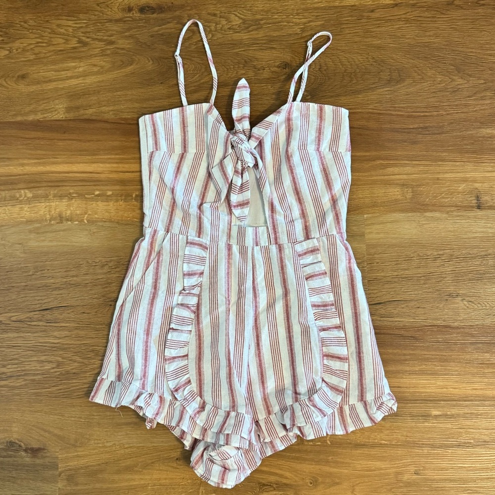 White and Red striped tie front Romper